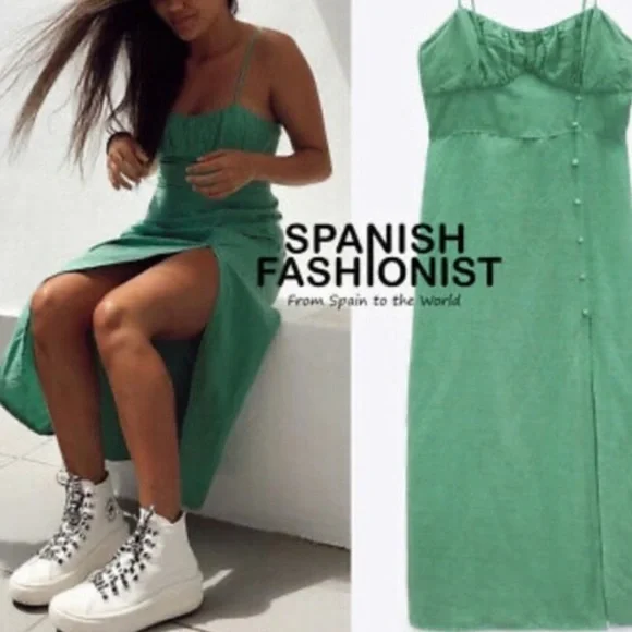 Zara Green Midi Dress with Slit linen medium women’s dress #902 - Picture 5 of 8